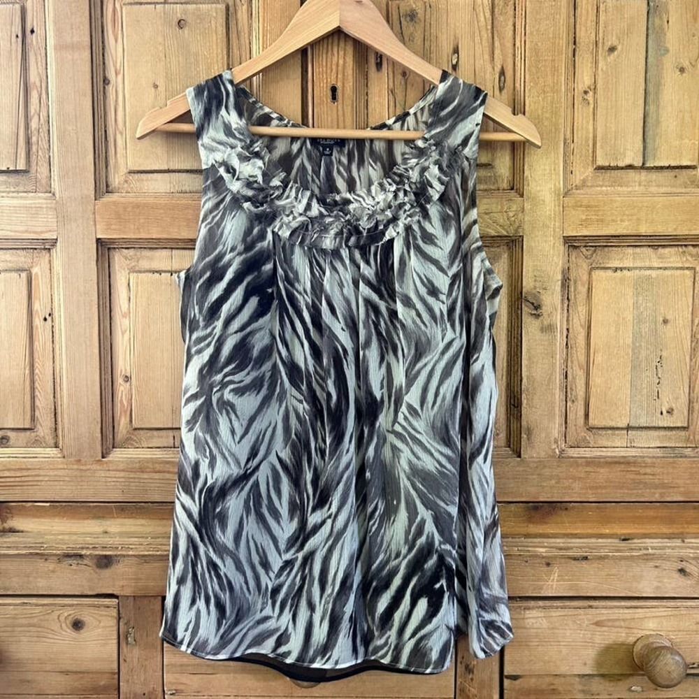 Women's Talbots 8 Double Layered Blouse Sheer Gray White Black Ruffle Neck